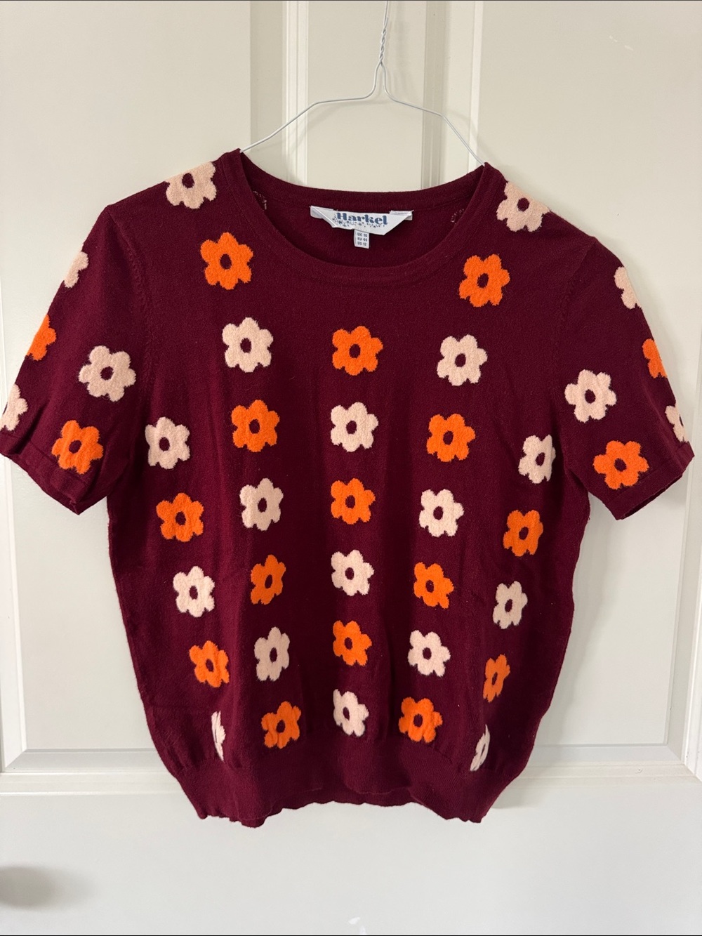 Market Flower Knit Tee in Burgundy with Orange & Cream Flowers